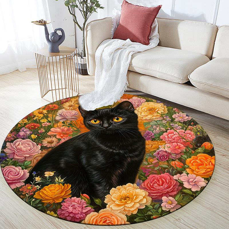 Floral Cat and Dog  Round Area Rug,Carpet Rug for Living Room Bedroom Sofa Playroom Decor,Non-slip Floor Mat