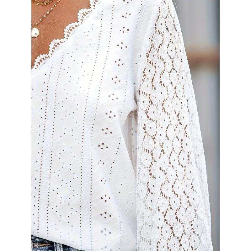 Women's Shirt Autumn New V-neck Loose Lace Patchwork Lantern Sleeves White Women's Blouse Fashion Tops Vintage Elegant Slim Fit Black Ladies Blouses
