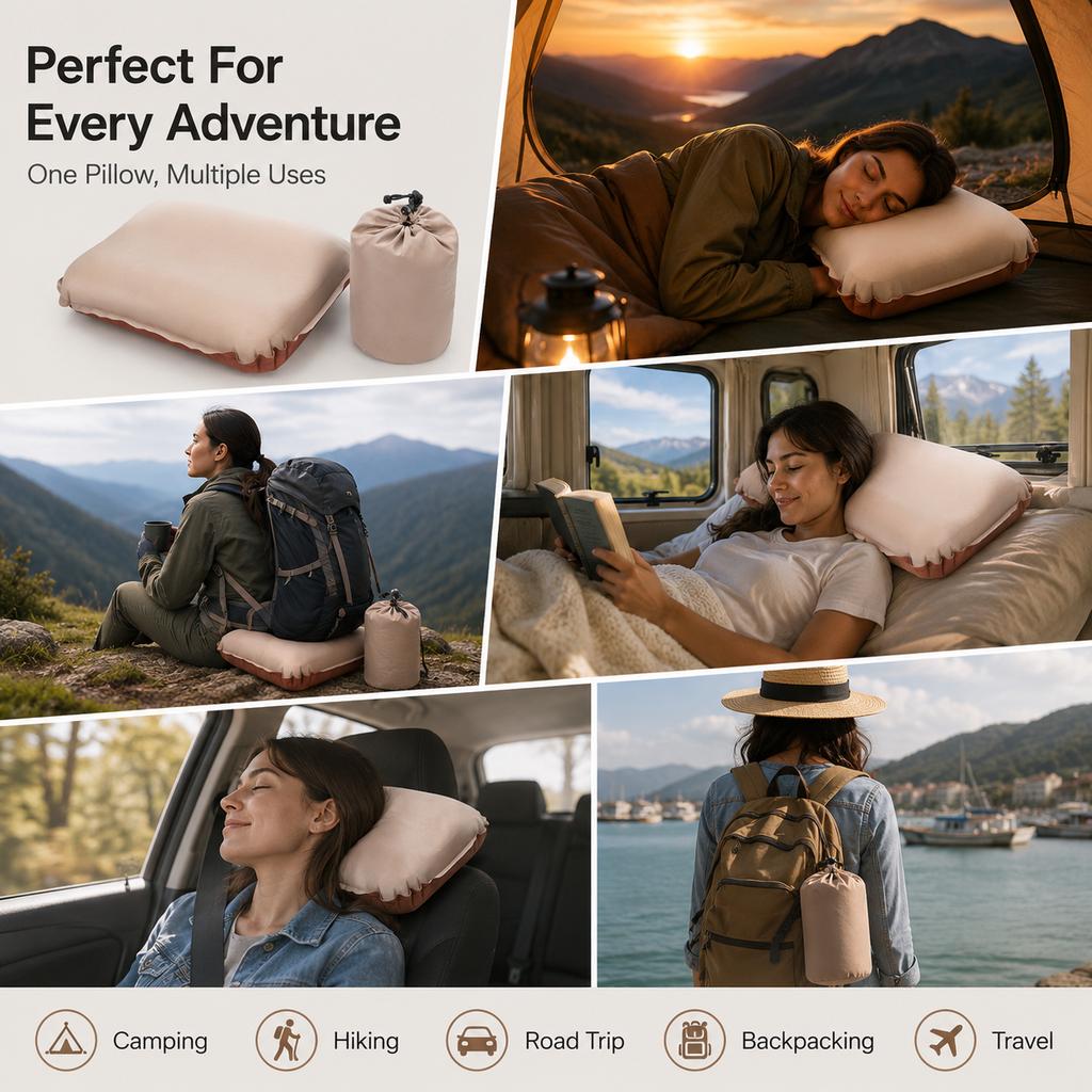 Self-Inflating Travel Pillow Lightweight Compressible Portable Outdoor Neck Pillow for Road Trips, Camping, Hiking & Flights