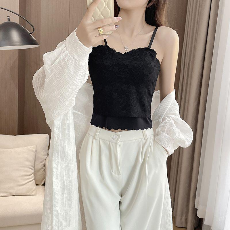 

Літній безшовний мереживний безрукавний жилет для жінок з нагрудною подушкою та топом без бретелей для верхнього одягу one size чорний