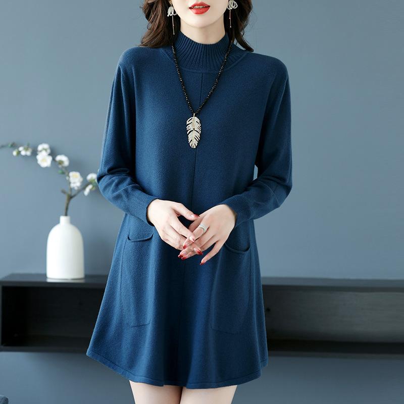 Large-sized Half Turtleneck Sweater Loose and Casual Mid-length Pullover for Women Solid-color A-line Knitted Dress