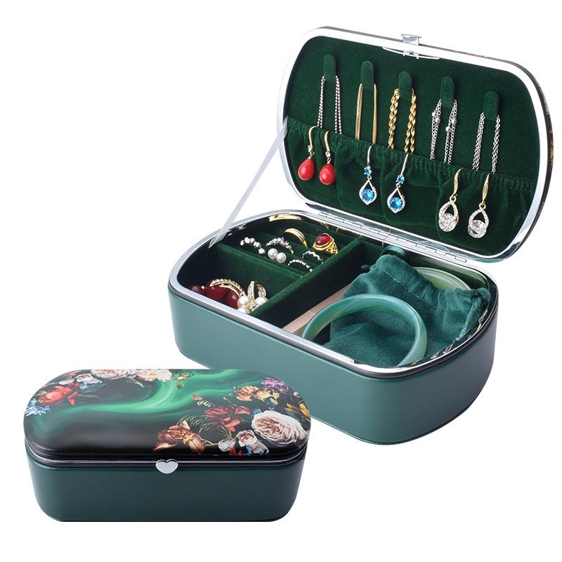 2026 New Upgraded Jewelry Storage Box PU Leather Vintage Print Jewelry Organizer for Bracelets Bangles зелёный