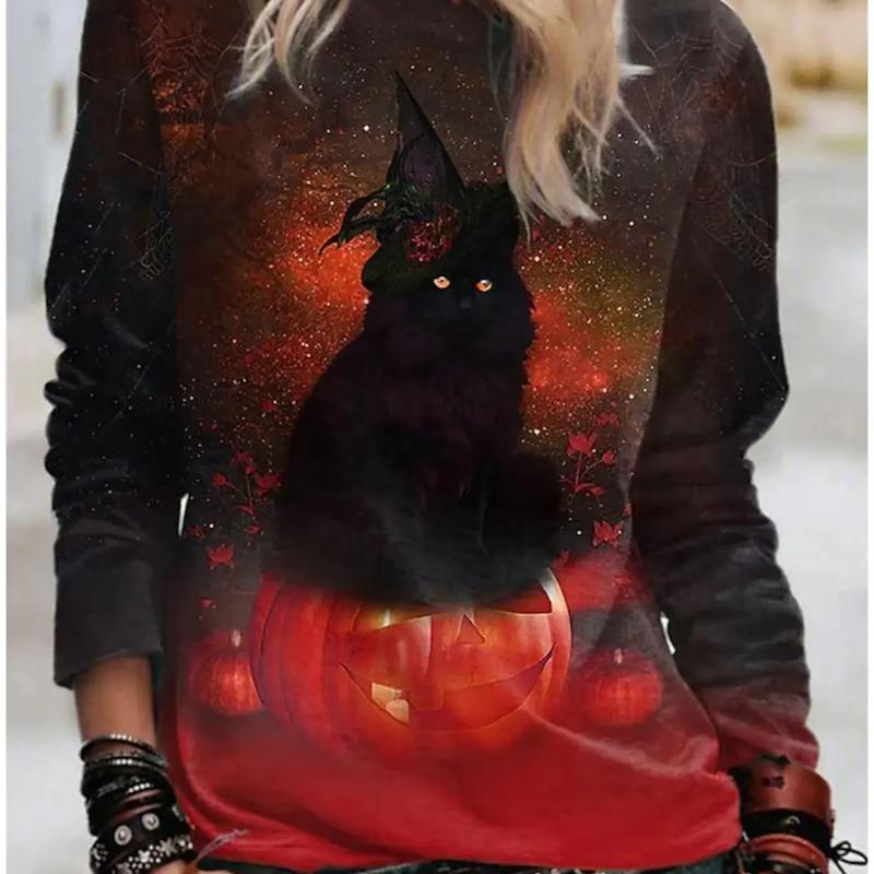

Cat Graphic Women s Long Sleeve T-shirt for Women Clothing Casual Holiday Top Fashion Unisex Harajuku Halloween Clothing