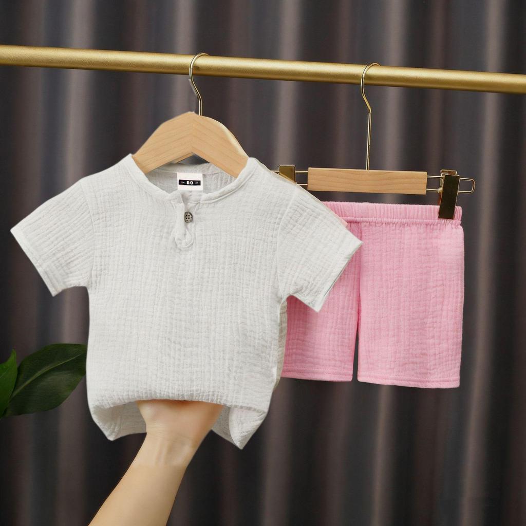 Letni bawełniano-lniany zestaw dla dzieci - Dziecięca podwójna gaza, luźny dwuczęściowy styl chiński