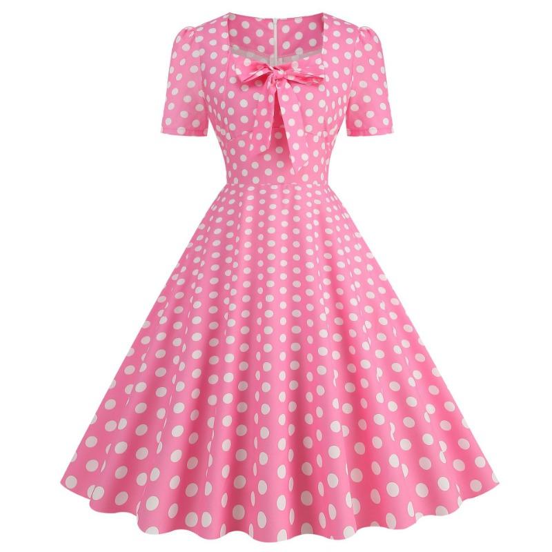 Women's clothing supply square neck short sleeve bow big pendulum polka dot's retro dress