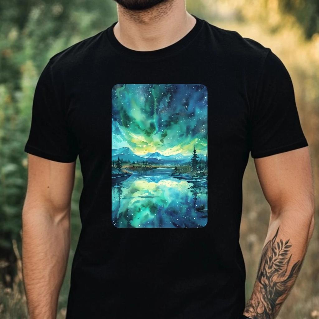 T-Shirt Herren Aquarell Nordlicht Motiv Baumwolle Größe XS bis 5XL