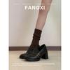 Washed cowhide~ retro thick heel small leather shoes high heel women's deep mouth single shoes one pedal women's shoes
