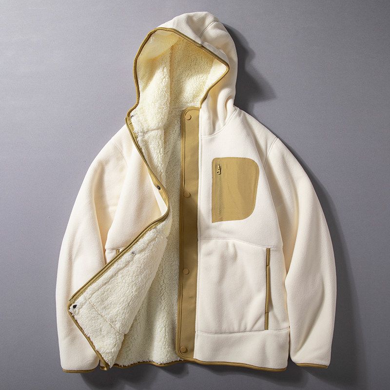 Fleece Jacket for Men, Autumn and Winter 2024 New Style, Contrasting Color Stitching, Casual Hooded Cotton Coat, Fleece-Lined, Thickened, Warm Jacket
