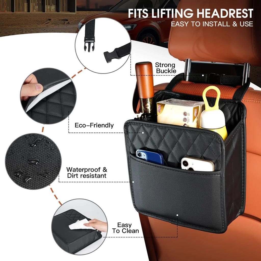 Multi-functional Car Seat Back Storage Bag Leather Storage Bag Garbage Bag Storage Bag Garbage Can Storage for Most Models