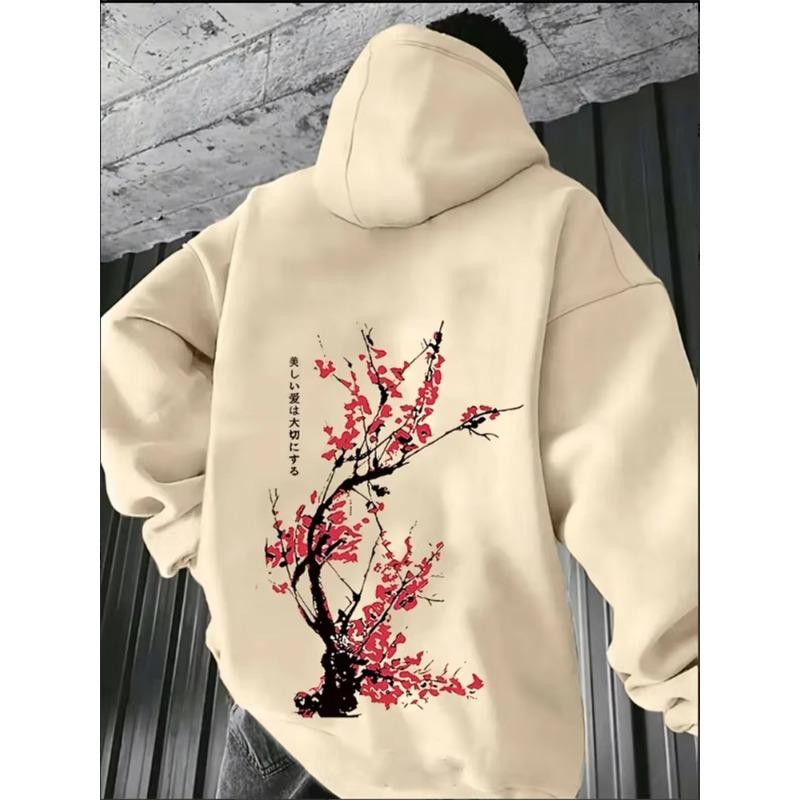 Japan Harajuku Pflaumenblüten Grafik Herren Hoodie Y2K Stil Fleece Herbst Winter Langarm Lässiger Pullover Oberteile Weich Warm Streetwear