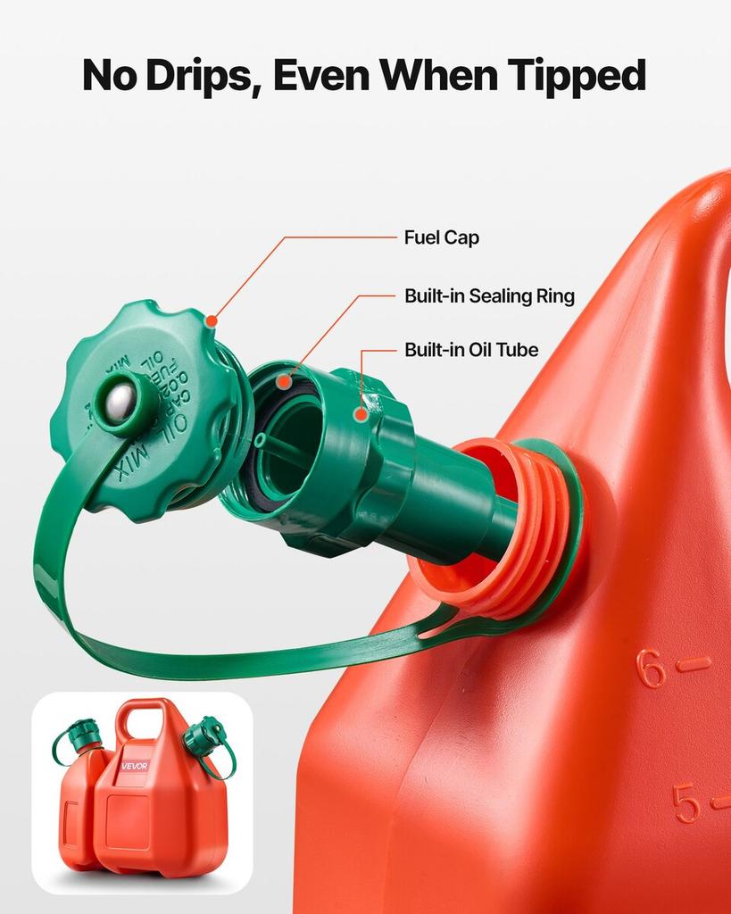 Fuel Container, 6 L, Fuel Tank with Spout & 1.9 L Extra Oil Container, 5.5 L/min Max Flow Rate, Leak-proof and Portable Flat Fluid Container for Most