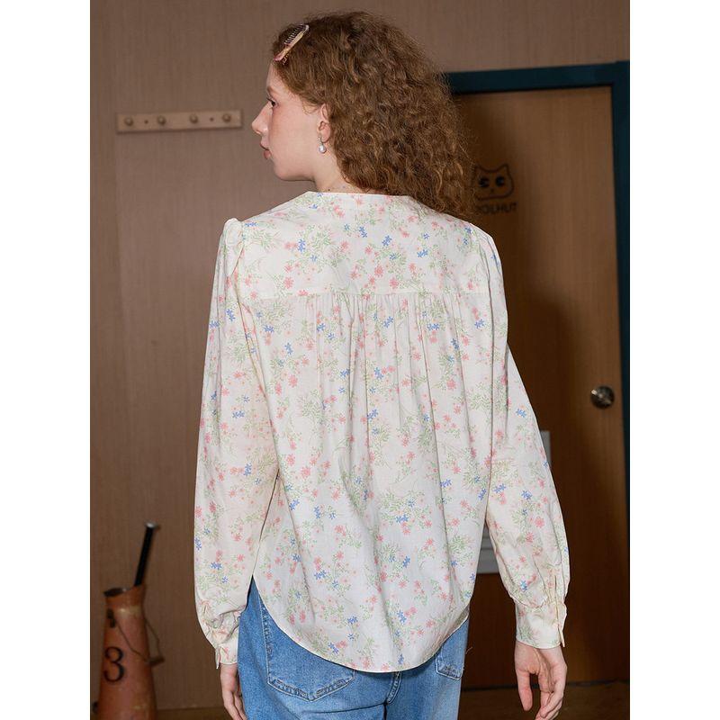 Coolhut American Pastoral Style Sweet Irregular Hem Shirt with Floral Pleats and Gentle Texture
