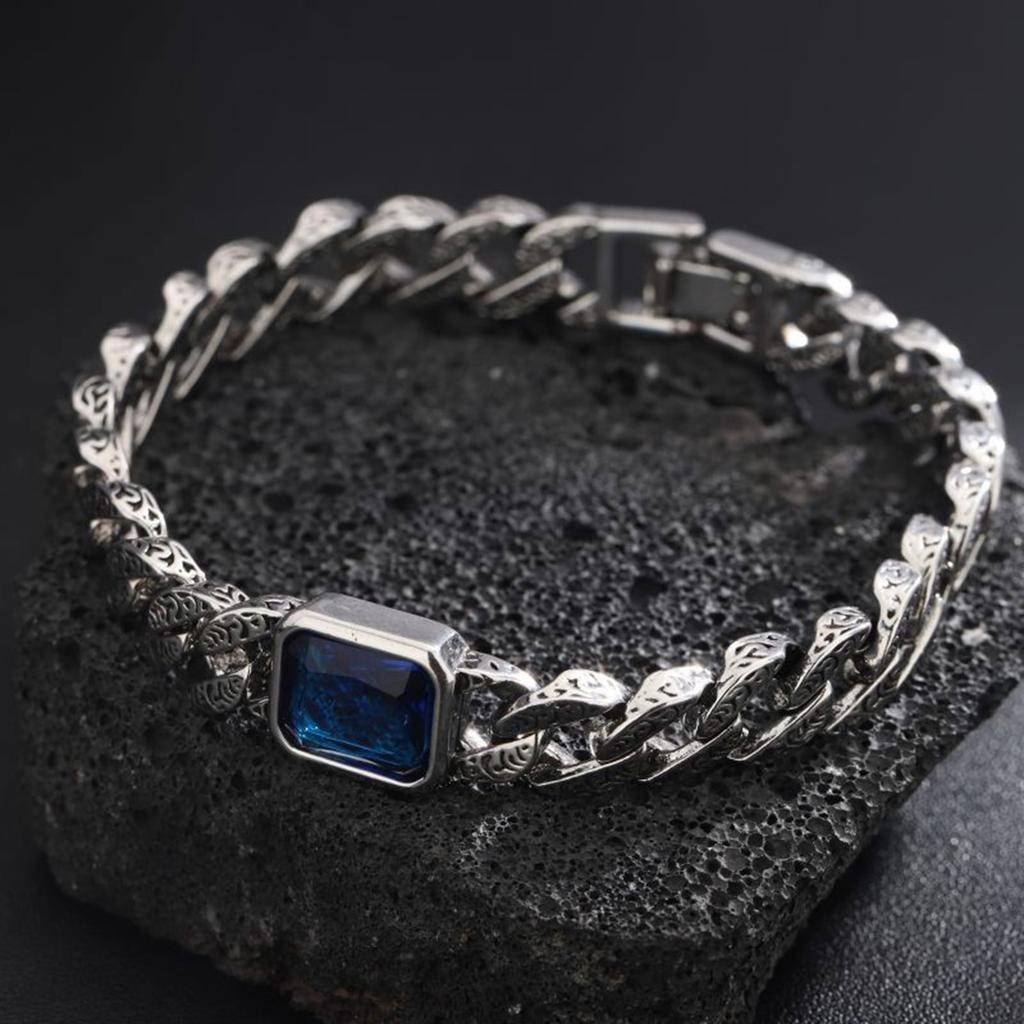 Chunky Cuban Chain Bracelets for Men Boys,Embossed Stainless Steel Chain Link Wristband with Blue Stone,Retro Jewelry Gift