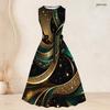 Women Plus Size Two Piece Set Printed Green Black Gold 3 4 Sleeve Cardigan Sleeveless Tie Waist Flared Dress