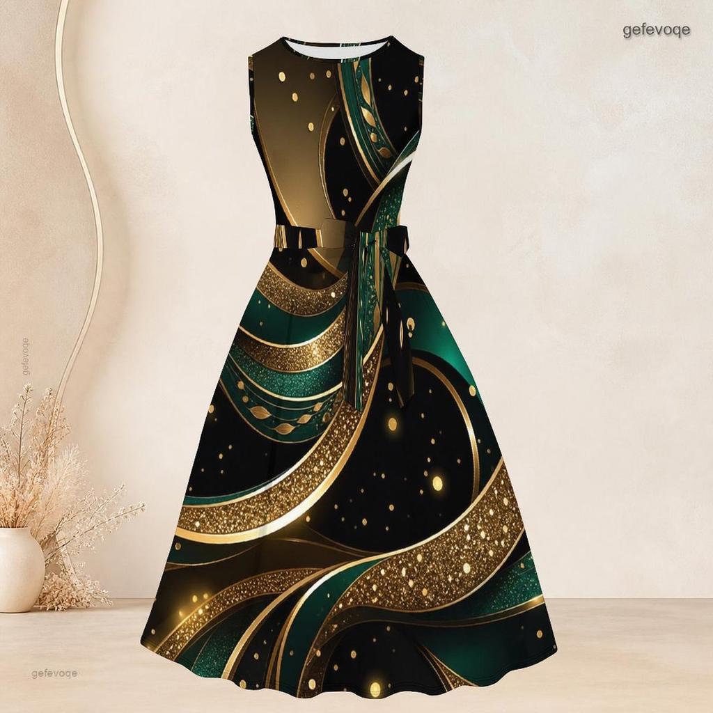 Women Plus Size Two Piece Set Printed Green Black Gold 3 4 Sleeve Cardigan Sleeveless Tie Waist Flared Dress