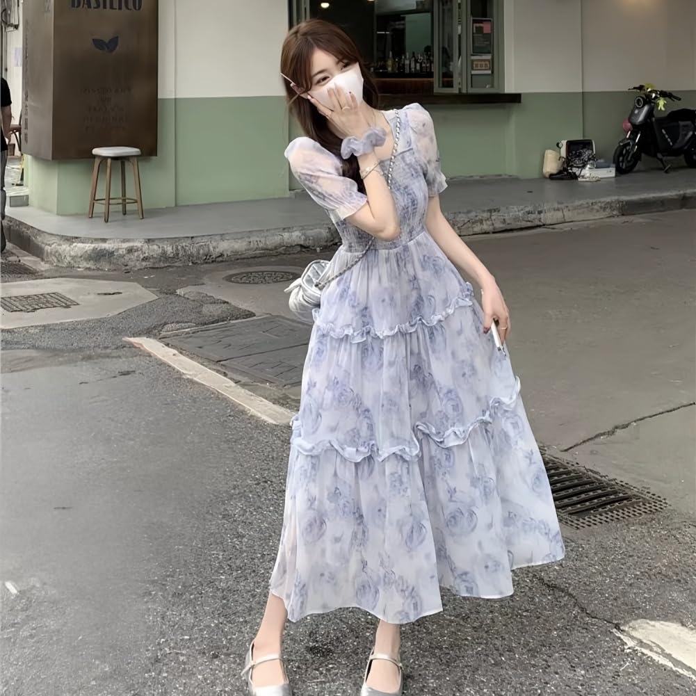 EDREES Summer Mori Girl Elegant Floral Print Puff Sleeve Long Cool Korean Style Flared Women's Dress, Style, Off-the-Shoulder U-Neck Skirt,