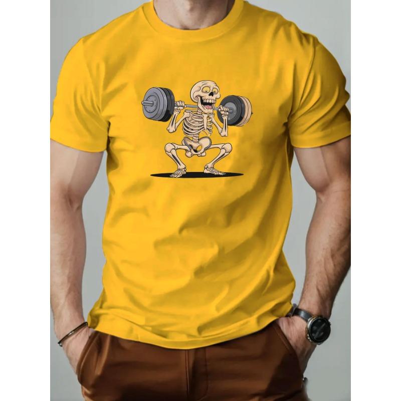 Summer Round Neck Skeleton Lifting Weights Pattern Printed Top Fashionable Casual Pure Cotton Short Sleeved Men's T-shirts
