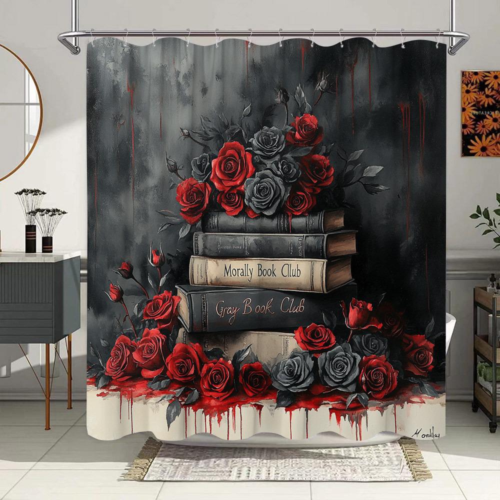 

Dark Red Roses And Books Waterproof Shower Curtain For Modern Bathroom Decor, Stylish And Durable, Perfect For Home Use W60H190(CM)-1 Pcs