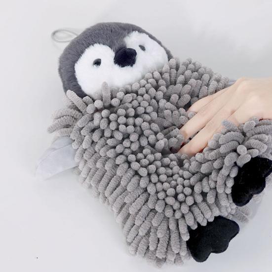 Penguin Doll Hand Towel Cartoon Penguin Hand Drying Towel Kids Absorbent Chenille Ball Towel with Hanging Loop for Kitchen Bathroom