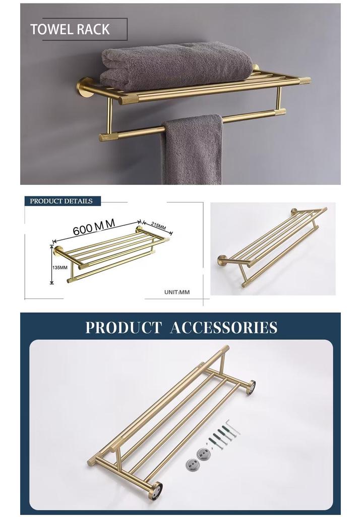 Luxury Brushed Gold Bathroom Accessory Set: Towel Rack, Bar, Paper Holder, Hook, Soap Dispenser.