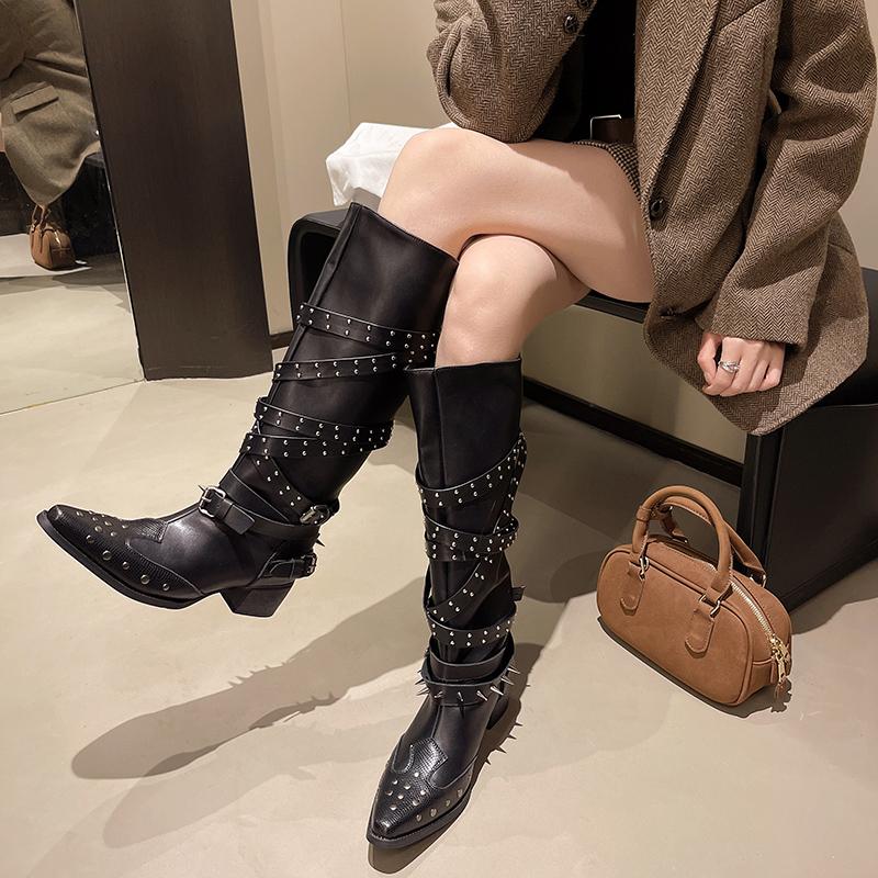 New Style Fashion Women's Designer Vintage Rivet Women Western Cowgirl Boots Autumn Winter Ladies Elegant Knight Long Boots