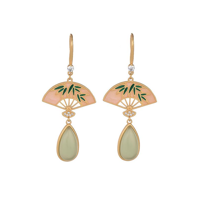 Chinese Bamboo Fan-Shaped Earrings with Imitation Hetian Jade & Enamel