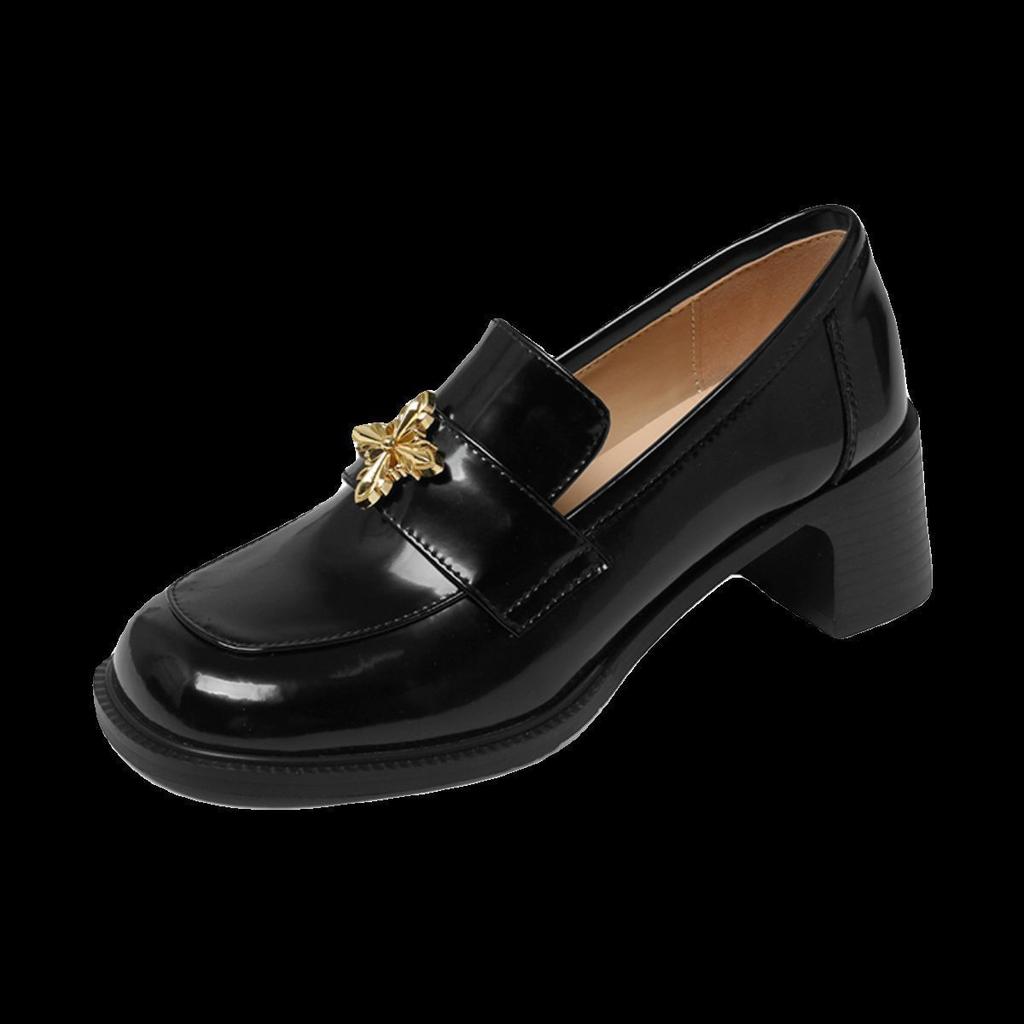 2024 autumn and winter new versatile black round head thick heel patent leather cross flower platform small leather shoes French loafers women