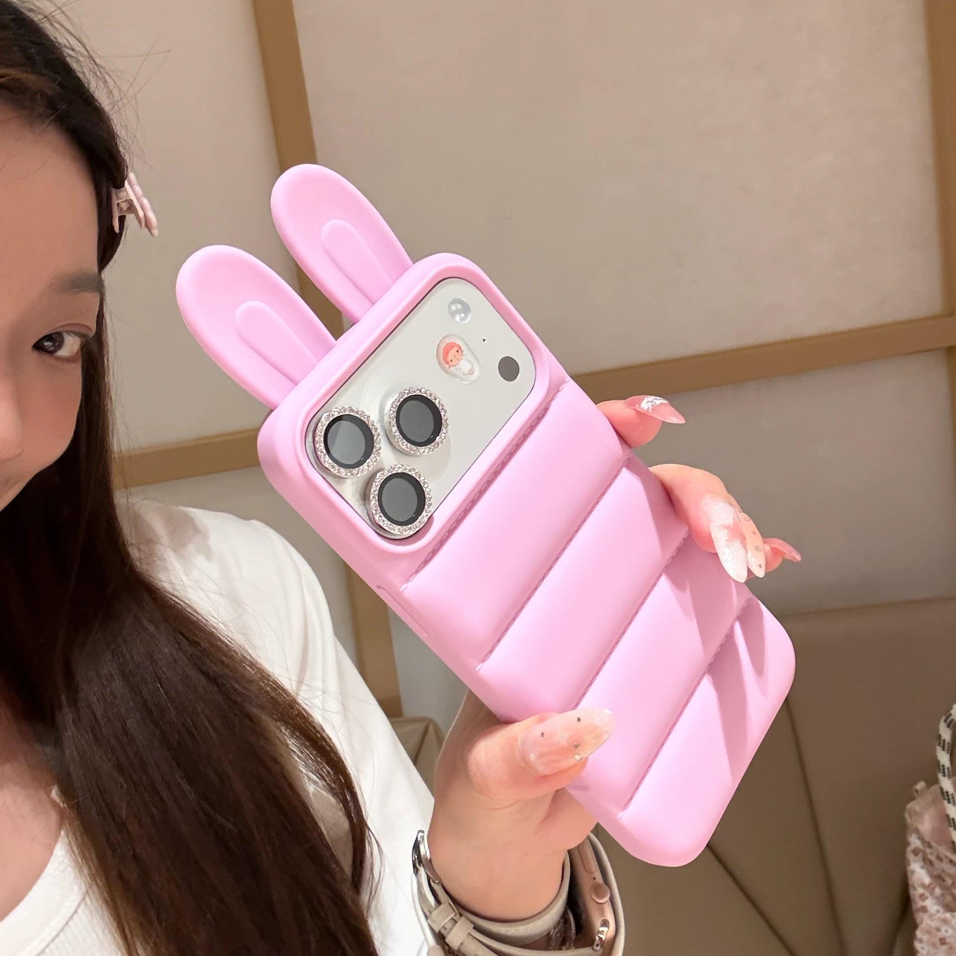 

Cartoon Rabbit Ear Down Jacket Shockproof Case for iPhone 15/16/17 ProMax iPhone 15 Pro