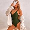 Women Solid Color Gathering One Piece High Waist Deep V Neck Backless Bikini Sets Strap Cross Swimsuit