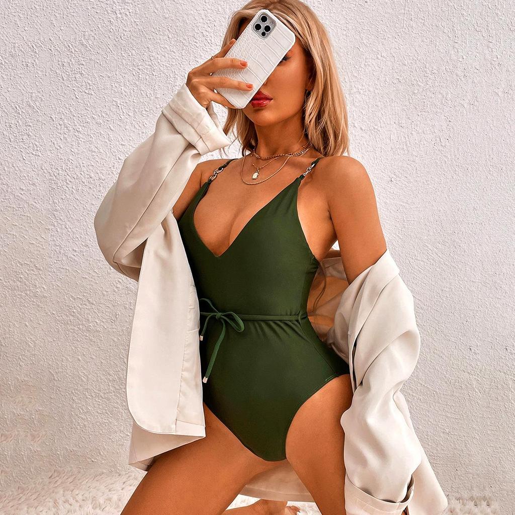 Women Solid Color Gathering One Piece High Waist Deep V Neck Backless Bikini Sets Strap Cross Swimsuit
