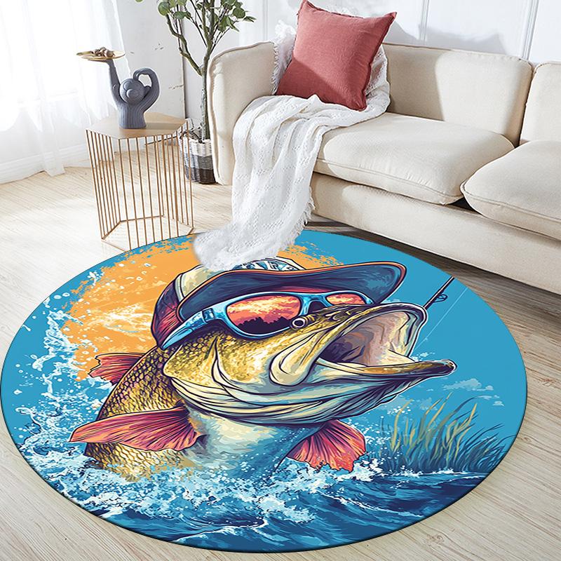 Bass Fish Round Area Rug,Carpet Rug for Living Room Bedroom Sofa Playroom Decor,Non-slip Floor Mat