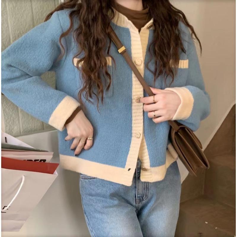 

Early Autumn O Neck Loose Knitted Cardigan Sweater Fashion Long Sleeved Sweet Casual Short Jackets Office Elegant Pockets Top Female Simple Coats one size синій