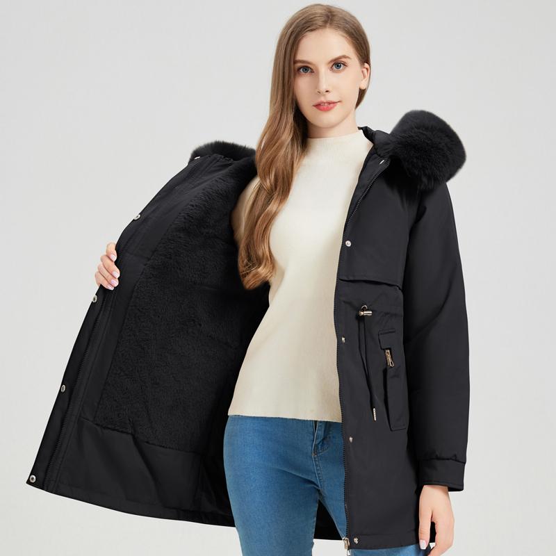 Fashion Winter Coat Female Long Parkas Hooded Faux Fur Collar Detachable Sleeves Loose Thick Warm Women's Jackets