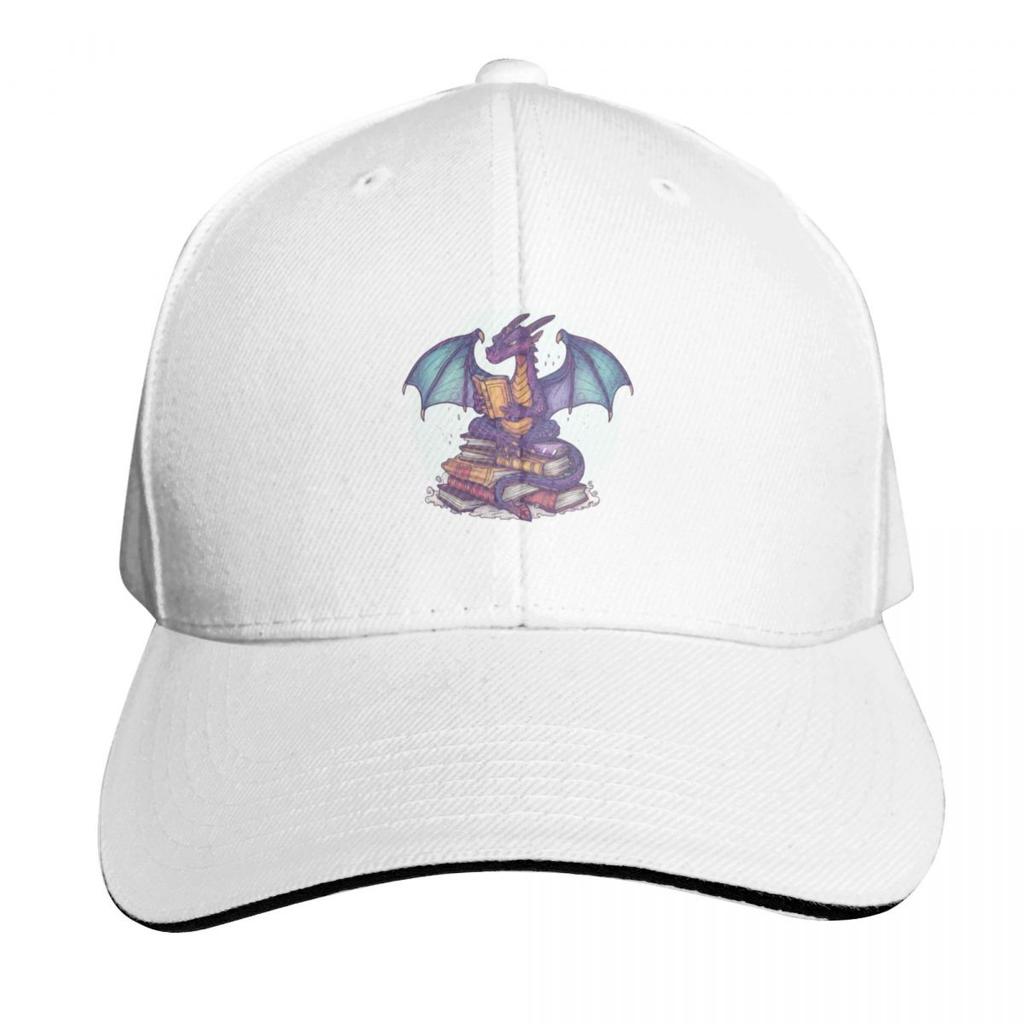 library tshirts Animated dragon reads atop book stack Scholarly whimsical appearance Content and focused expres Baseball Cap