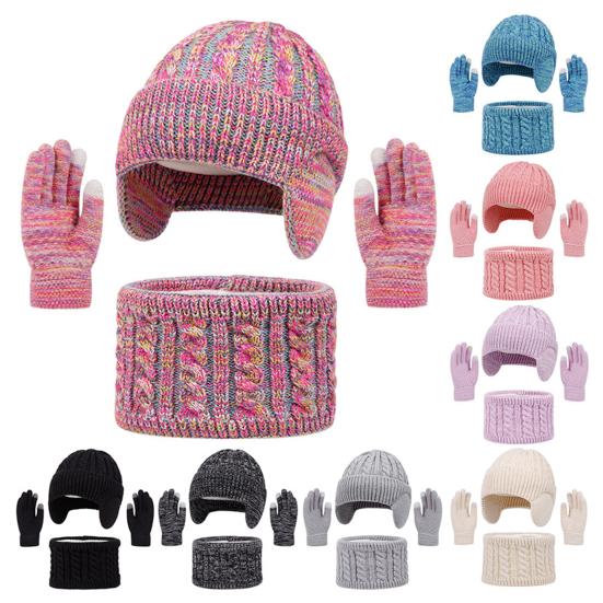 3Pcs/Set Kids Hat Scarf Gloves Set Colorful Twist Texture Hat Thickened Plush Lining Neck Gaiter Knitted Gloves Set