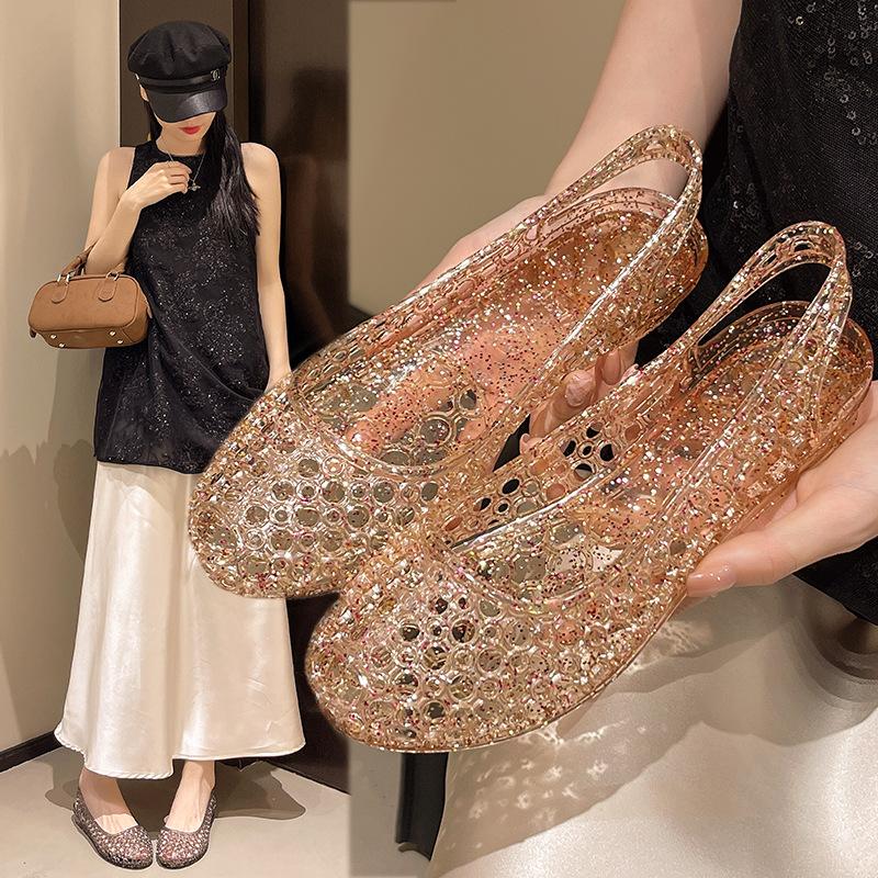 Jelly Women's Summer Hollow Sandals Fashion Outer Wear Bag Head Sandals Women's Flat Bottom Bag Head PVC Sandals