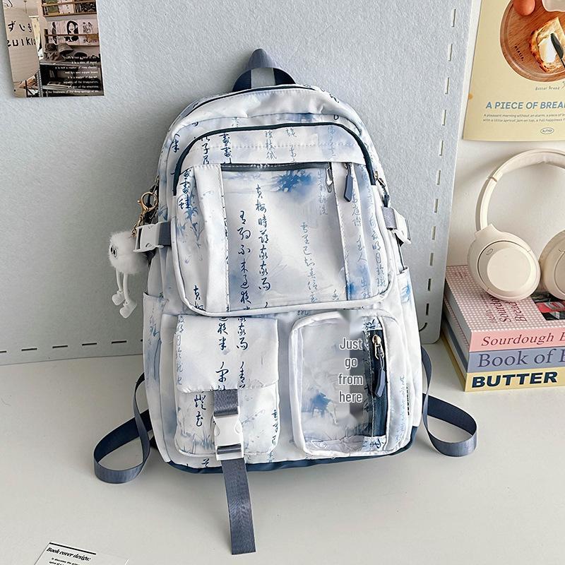 Middle School Chinese-Style Transparent Backpack with Multiple Pockets - Large Capacity, Waterproof, Wear-Resistant, Unisex, Light Luxury Design.