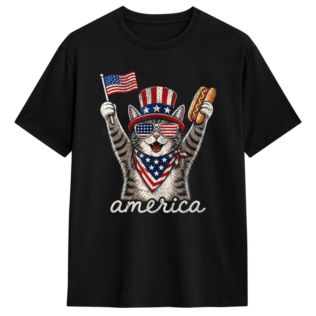 Unisex Retro Funny America Cat Hot Dog Lovers Patriotic US Flag TShirts Cotton Tops Summer Classic ShortSleeve T Shirt ONeck Tee
