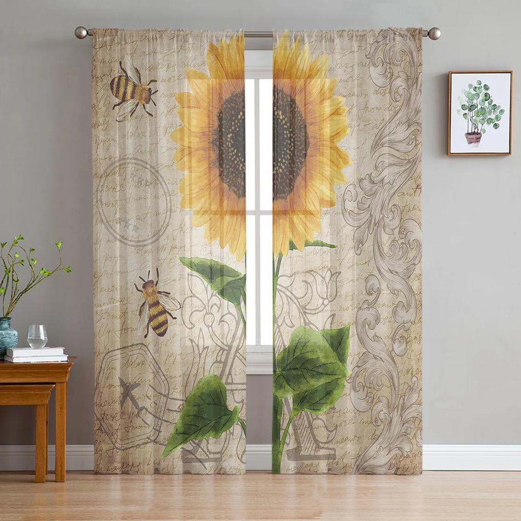 Modern Bee Azalea Retro Flower Tulle Curtains Living Room Bedroom Decoration Chiffon Voile Kitchen Window Curtain With Sheer Polyester Perfect For