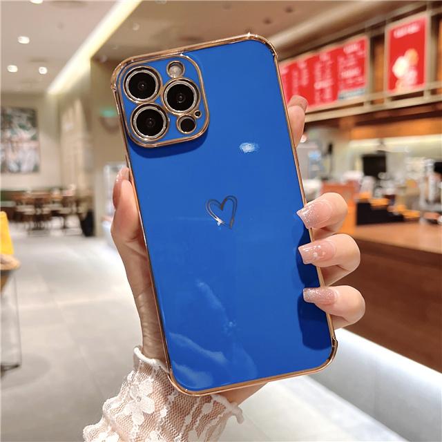 Luxury Square Plating Love Heart Phone Case For iPhone 13 12 Mini 11 Pro Max X XR XS Candy Bnmper On 7 8 Plus SE  Soft Cover