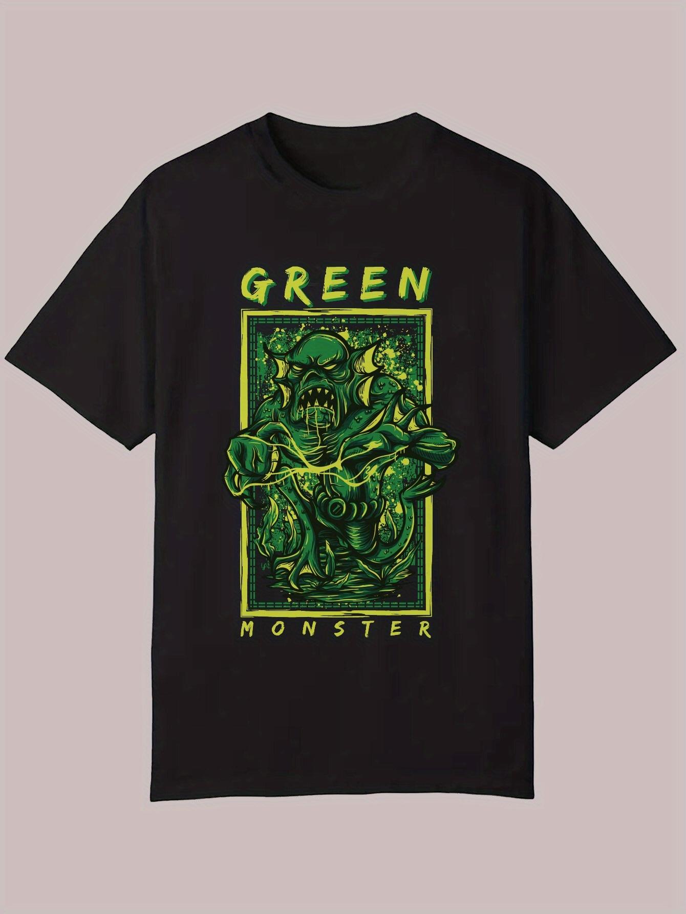 Black Graphic T-shirt - Green Monster & Bold Text Print L
