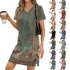 Damen Freizeitkleid mit V-Ausschnitt, kurzen Ärmeln, geschlitztem Saum und Vintage-Print
