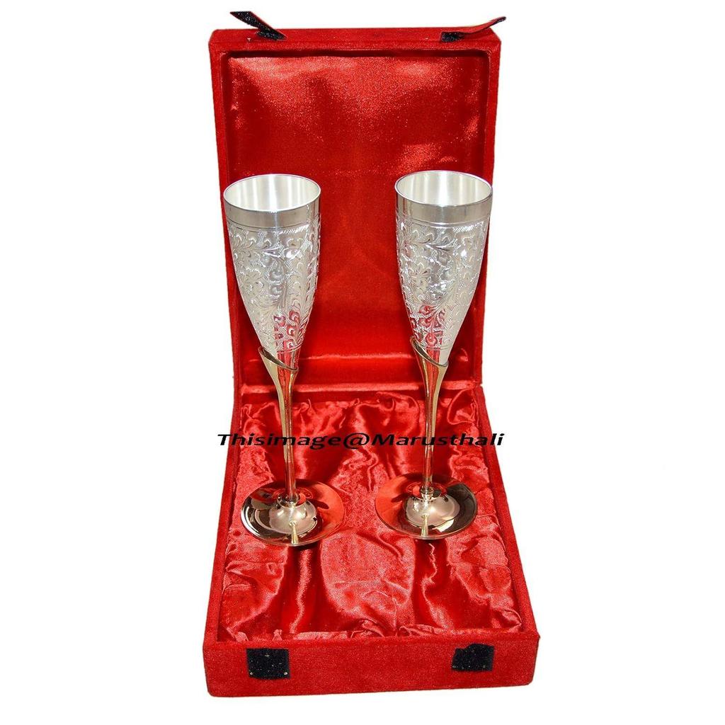 Silver Plated Brass Wine Goblet/Wine Glasses Set of 2 Pcs with Box Packing