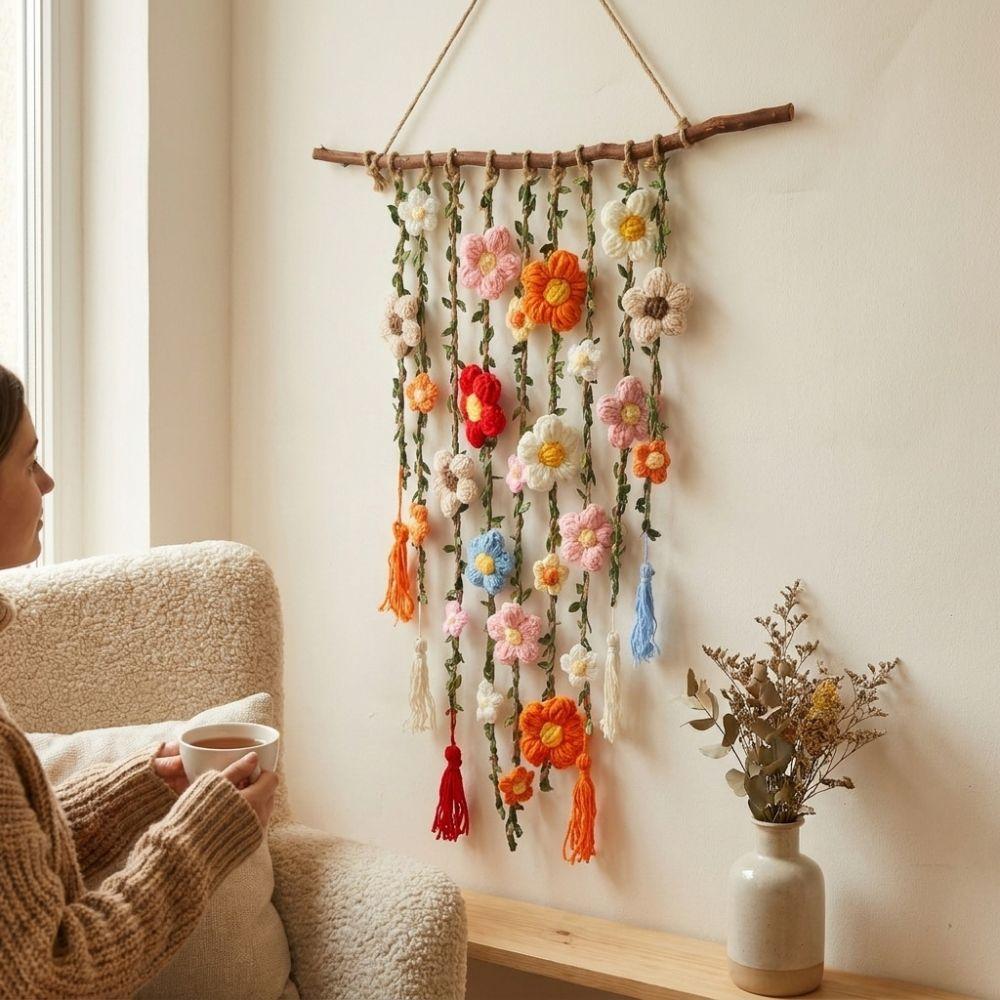 Natural Wooden Branch Flower Vine Tassel Ornament Hand Knit Flower Tapestry Living Room