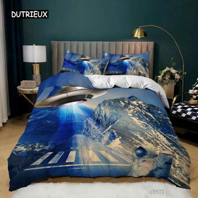Set Husă Plapumă Navă Spațială King Microfibră Set Așternuturi Navă Spațială Science Fiction Munte de Zăpadă Astronaut Husă Plapumă Navă Spațială
