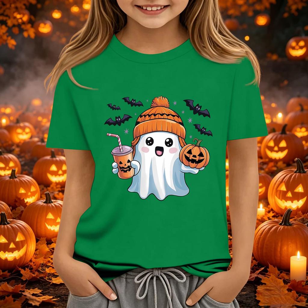 Kids Halloween Printed Short Sleeve T-Shirt Loose Fit Round Neck Casual Tee