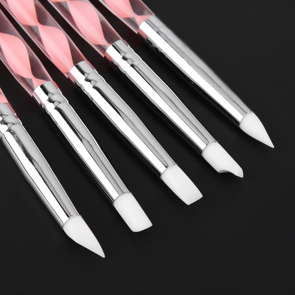 5PCS 5.8*0.2*0.04in Nail Art Silicone Pens Double Ended Multi Functional Embossing Modeling Pens Silicone Tip Clay Craft Tools