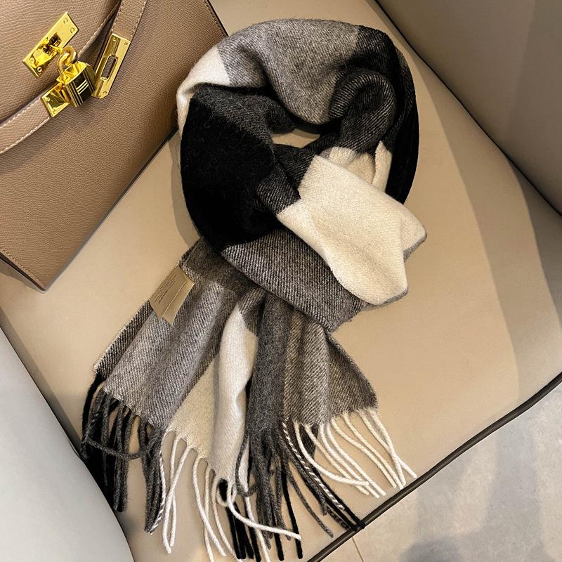 Small fresh white plaid scarf WO100 wool scarf women's winter warm scarf birthday gift