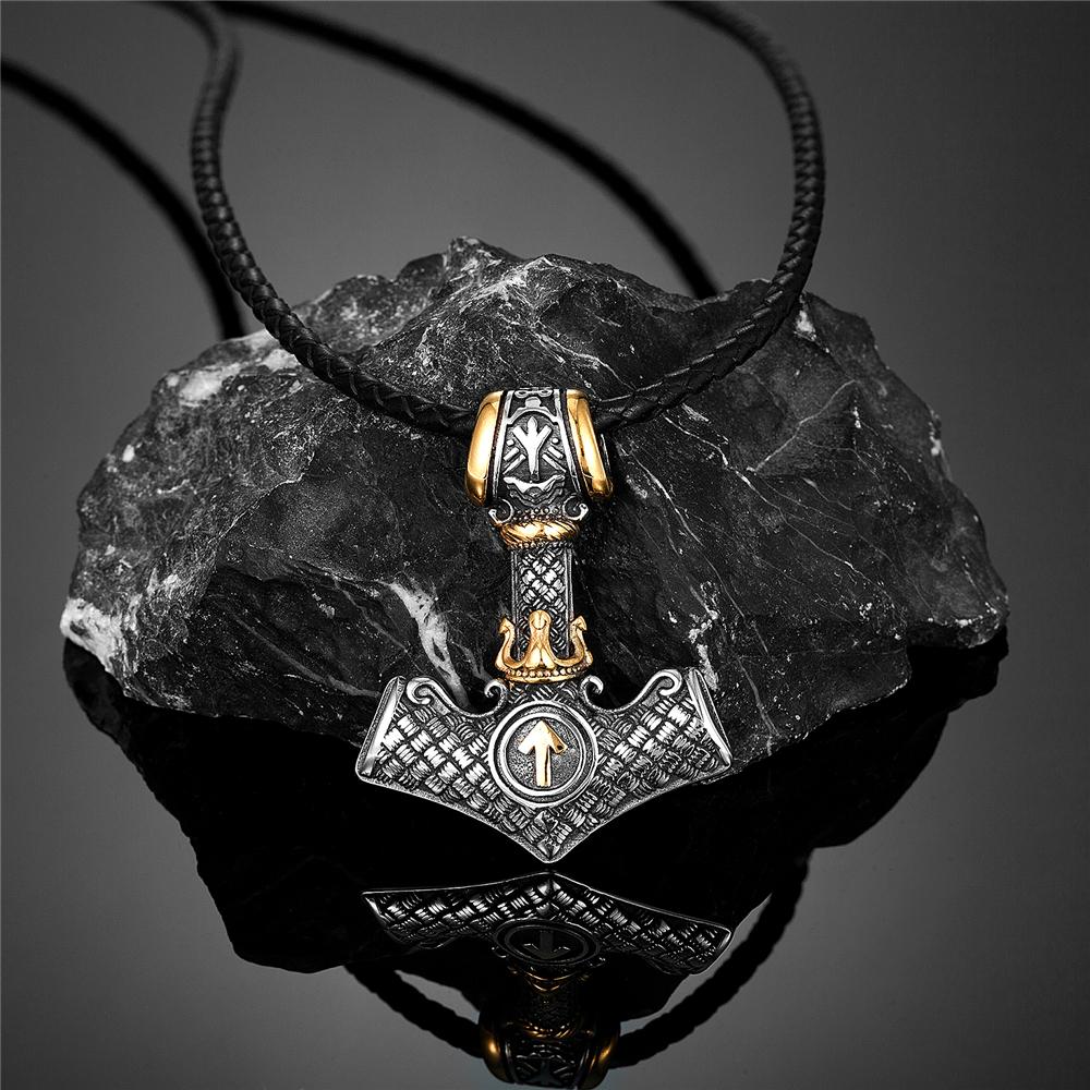 Vikings Crown Thor's Hammer Necklaces Men Stainless Steel Norse Mythology Runes Valknut Pendant Amulet Scandinavian Male Jewelry