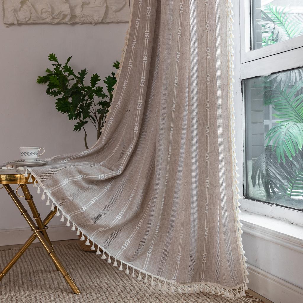 Curtain Finished Embroidery Stripes Hollow Tan Bedroom Jacquard Kitchen Small Window Short Curtain